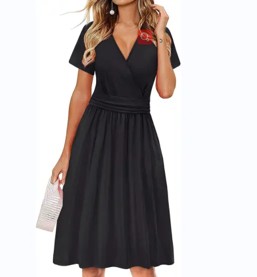 Классическое Черное женское платье с V-образным вырезом и коротким рукавом, однотонное повседневное короткое платье до колен с закрытой талией, летнее вечернее платье