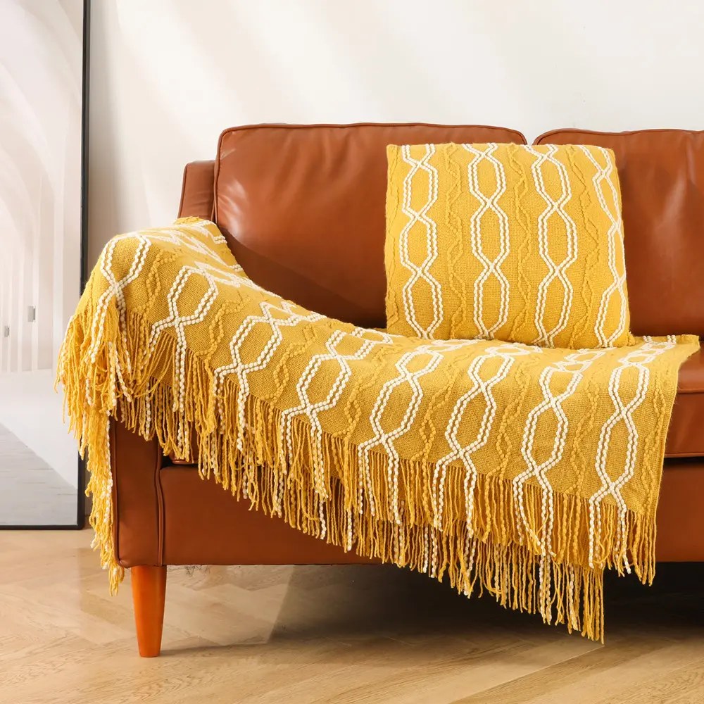 Selimut lempar abu-abu merah muda hijau oranye untuk sofa selimut lempar bahan wol tenun lembut rumbai Jacquard selimut lempar