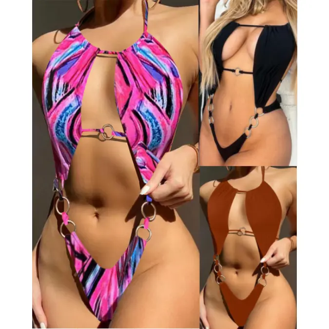 Conjunto de biquínis extremos para meninas, biquíni de banho de 1 peça, halter, com anel, monoquíni, micro biquíni sexy, novidade para mulheres, 2024