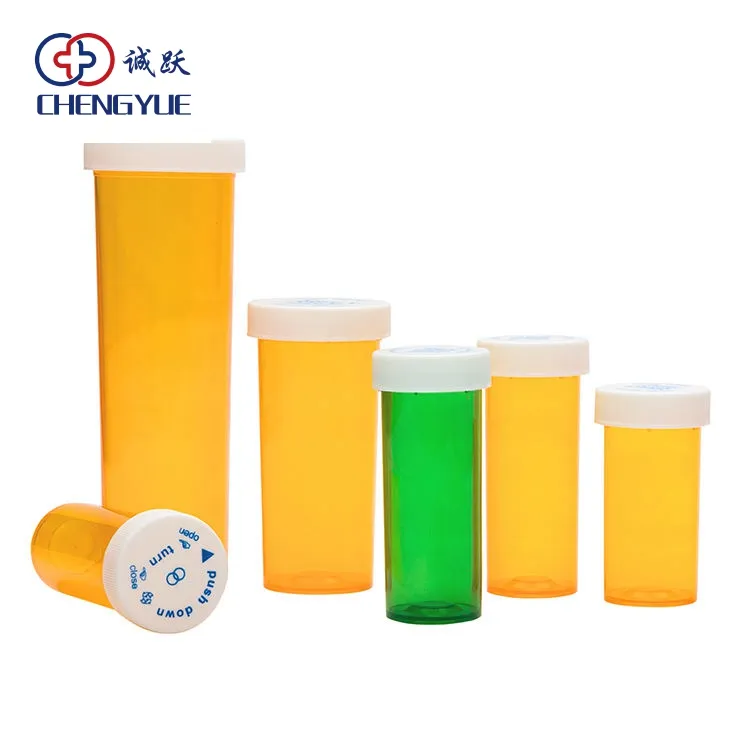 بسعر الجملة قارورة 8 درام Rx دوائية بلاستيكية مستديرة الشكل بغطاء مقاوم للأطفال قارورة حبوب مع أغطية