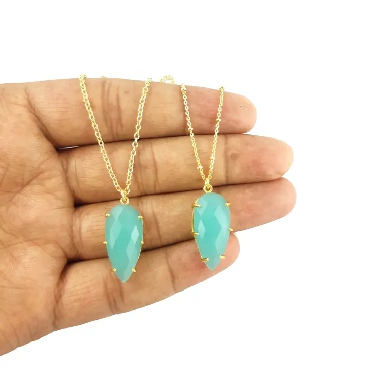 Aqua calcedonio Stone Long Teardrop Shape Gold Vermeil 925 Sterling Silver Prong Set collana con ciondolo Stone Size25x12mm Chain18"