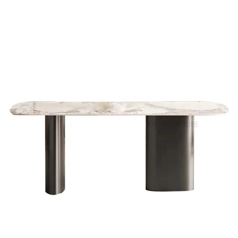 Meuble de salle à manger moderne 6 personnes, plaque de roche domestique marbre cadre en acier inoxydable ensemble de table à manger de luxe