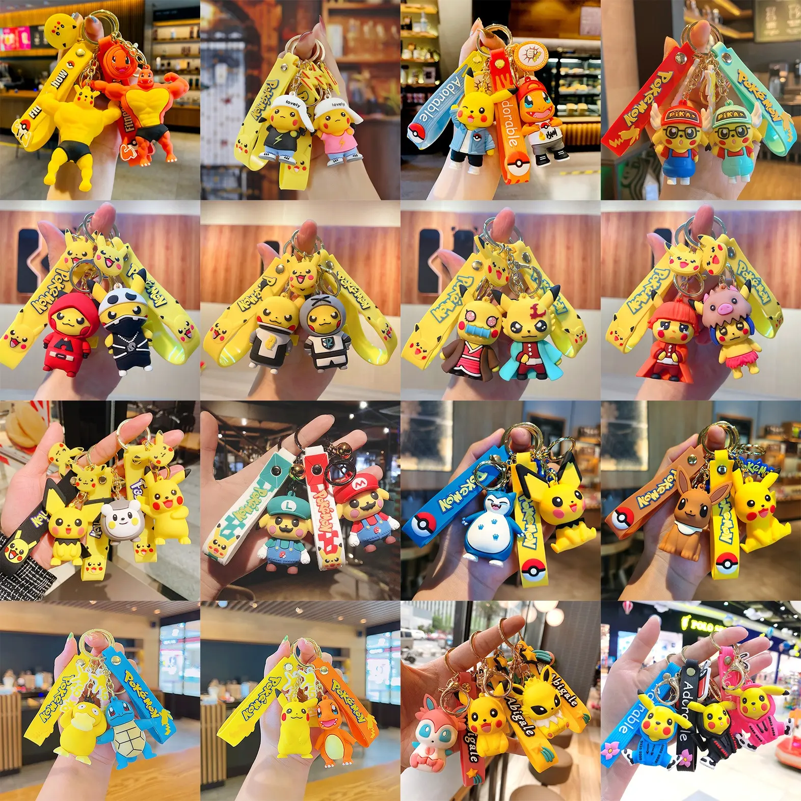 Tragbarer Schlüssel bund 3D Cartoon Anime Niedlicher Sack Pika Squirtle Eevee Psyduck Puppen Handtasche Auto Schlüssel Dekoration Schlüssel ring PVC Schlüssel bund