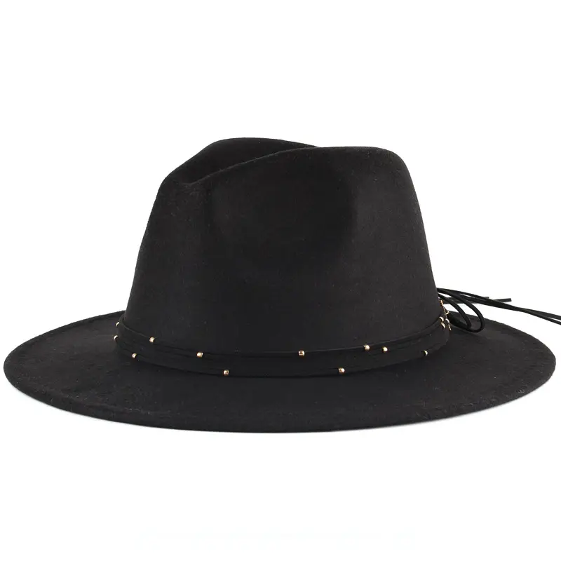 Sombreros fedora de fieltro de lana retro personalizados para mujer, cuerda trenzada, ala ancha, Panamá, color negro, venta al por mayor
