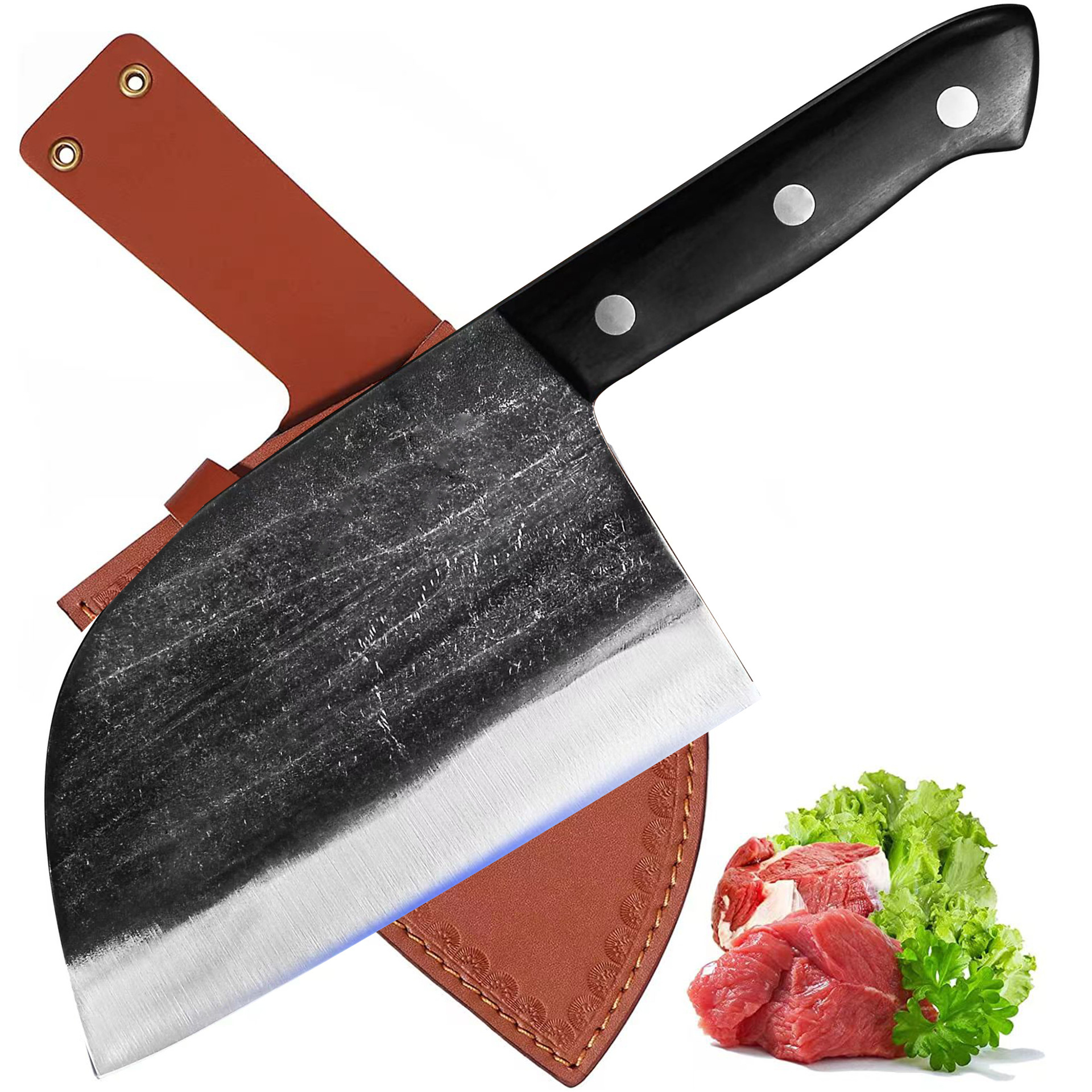 Cuchillo de carnicero negro con funda.
