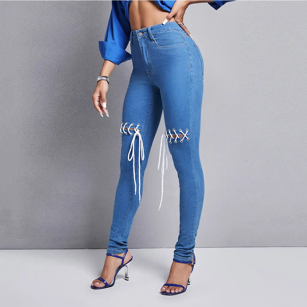 Pantalones vaqueros para mujer, pantalones vaqueros ajustados de cintura alta para niñas, Pantalones vaqueros de diseño de marca personalizados para mujer, pantalones vaqueros de cintura alta