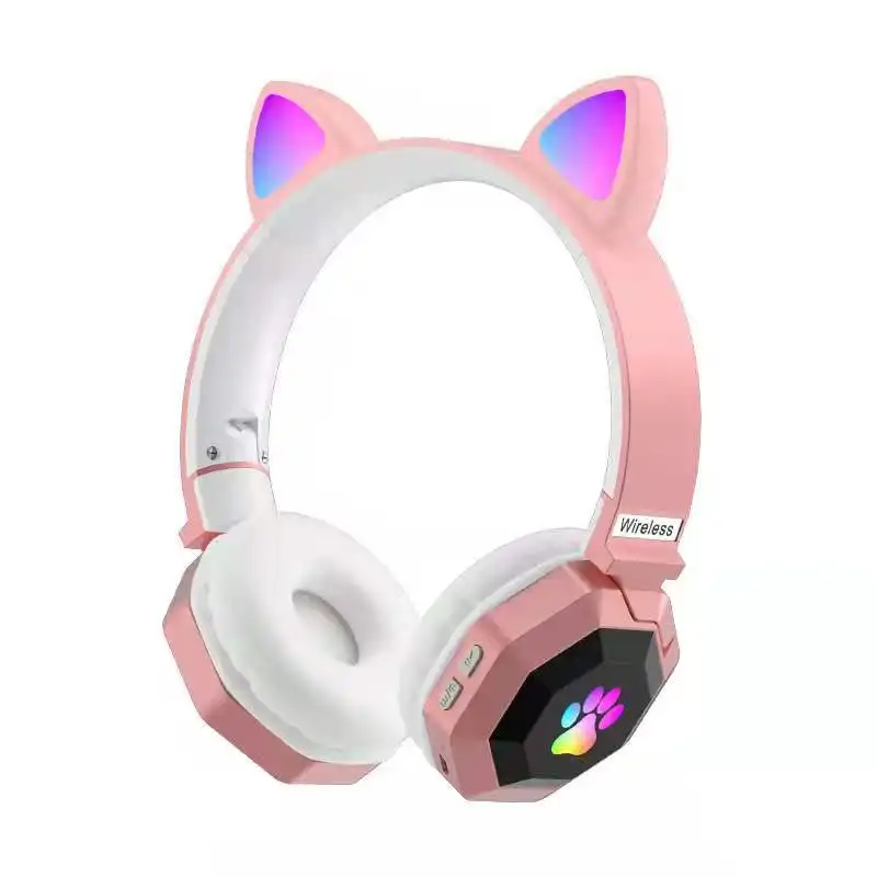 LS020 Headphone Bercahaya Warna-warni, Headset Earphone Nirkabel Telinga Kucing Lucu untuk Anak-anak Stereo Asli