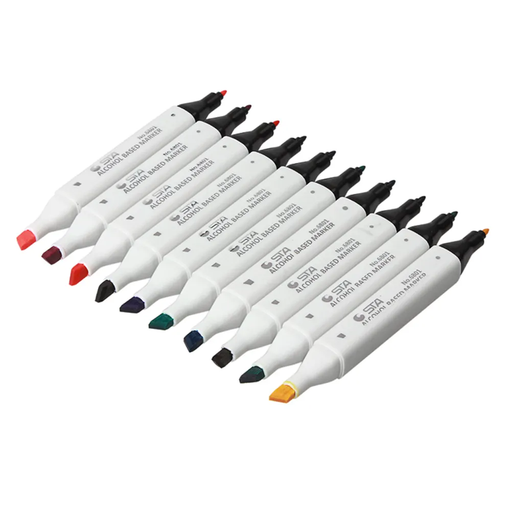 Conjunto de canetas marcadoras de arte para estudantes, ponta fina, desenho em cores à base de álcool com ponta de pincel, material plástico PP, embalagem solta