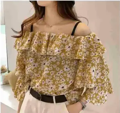 Blusa e camisa feminina floral, gola barco três quartos manga lotus elegante solta moda verão 2022