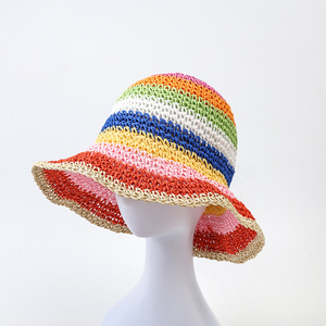 <strong>Rainbow</strong> Striped Crochet Bucket Hat Breathable Handmade Straw Beach Hat for Women - Product Image 3