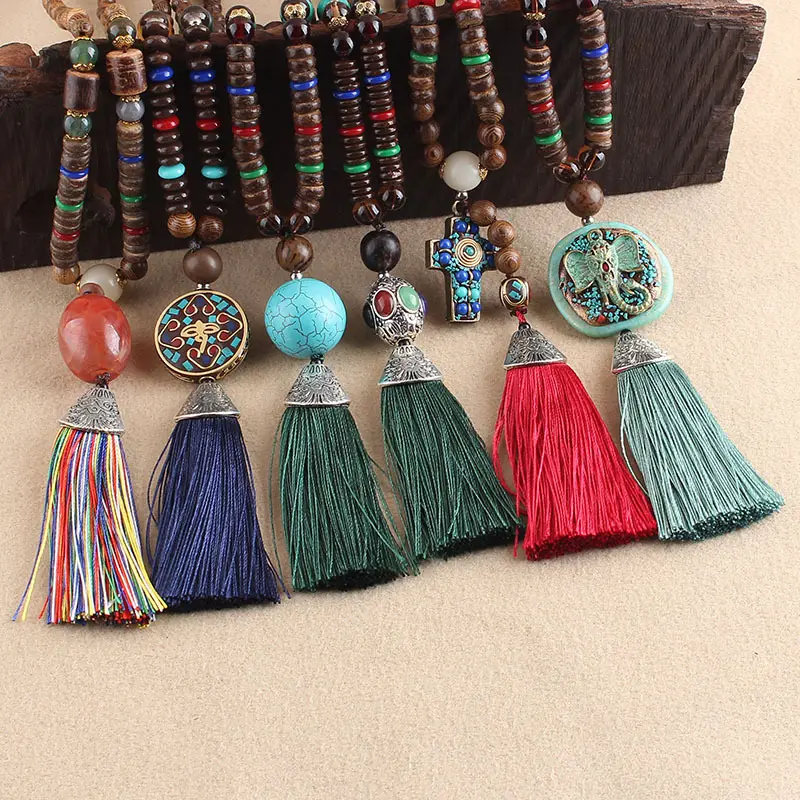 Collar Vintage de borlas bohemias para mujer, largo, hecho a mano, cuentas de madera de Nepal, colgantes y collares de borlas, regalos de joyería