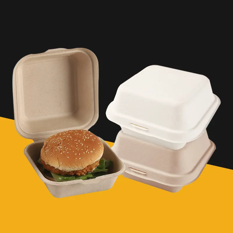 カスタム印刷食品持ち帰り包装使い捨て生分解性サトウキビバガス6x6インチバーガーハンバーガーボックス