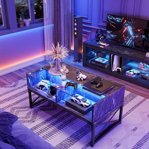 LED ışıkları ile siyah sehpa depolama merkezi masa oturma odası veya yemek için cam üst ile zarif mobilya seti - Product Image 6
