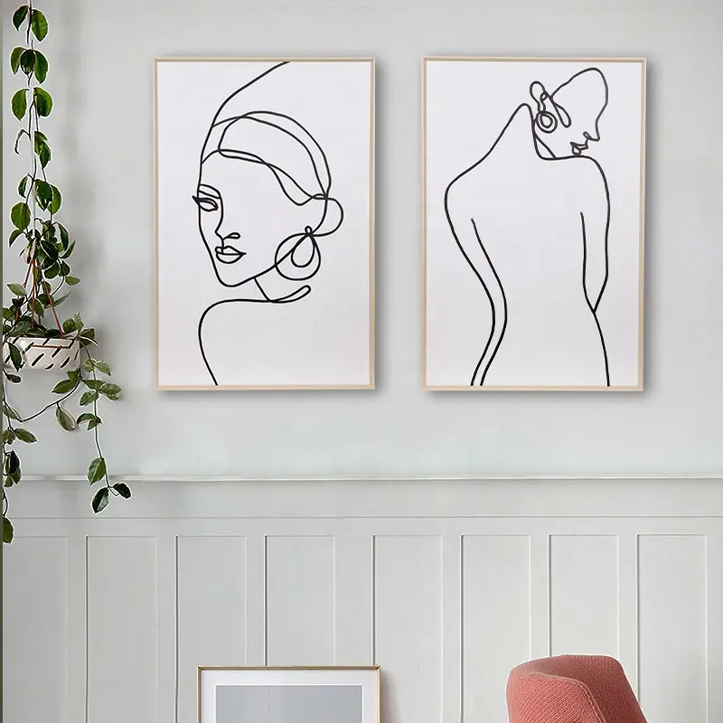 Eaglegift linea minimalista in bianco e nero donna Wall Art tela incorniciata personalizza moderni dipinti astratti del viso delle donne