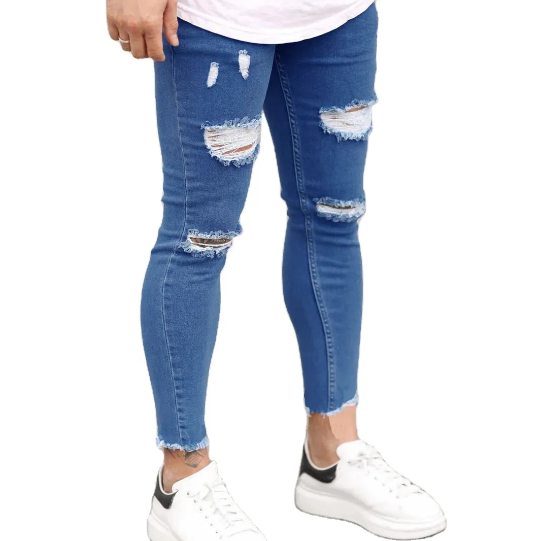 Plus size jeans Wholesale high waist fashion stack jeans men's denim pant man distressed ripped hole jeans