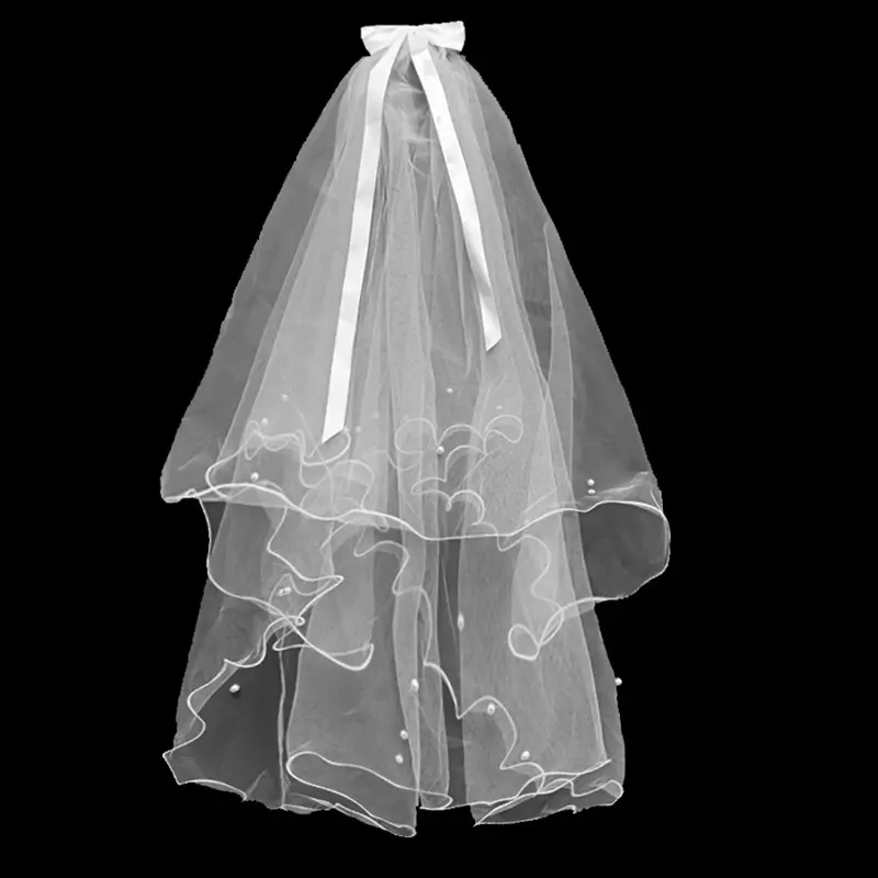 Voile de première Communion de fille, accessoire classique avec nœud de ruban en Satin, perle blanche, pour mariage