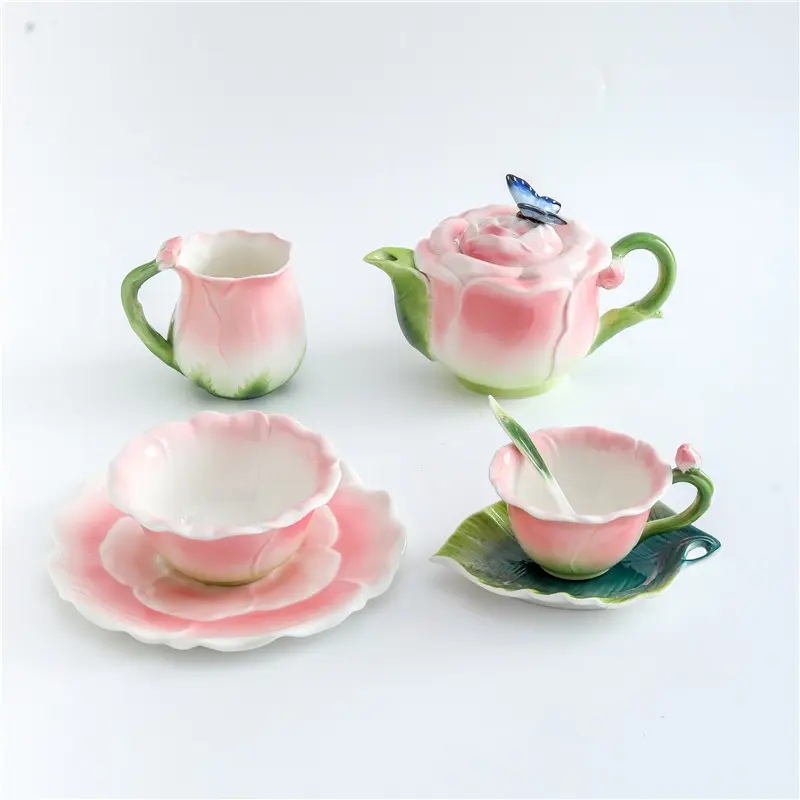 Conjunto de talheres e pratos para café em cerâmica cor esmaltada com desenho de rosas