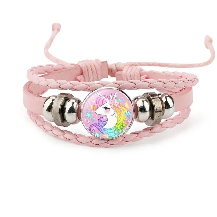 Di nuovo Modo Multi Colore Cute Cartoon Unicorn Fascino di Tre Strati di Cuoio Intrecciato Cavo Regolabile Bracciali Per I Bambini I Bambini