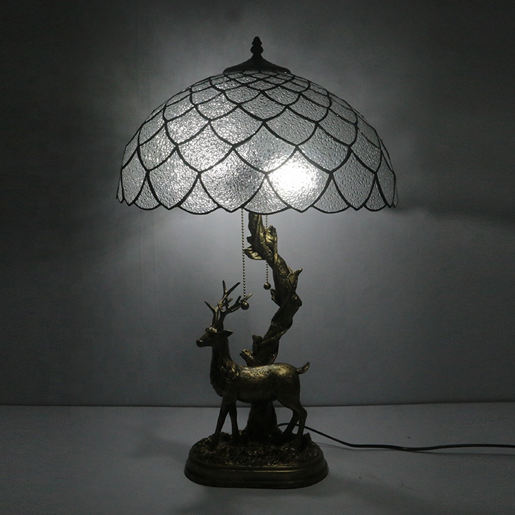 LongHuiJing 16 Inch European Retro Style Tiffany Table Lamp with Clear Stained Glass Lampshade
