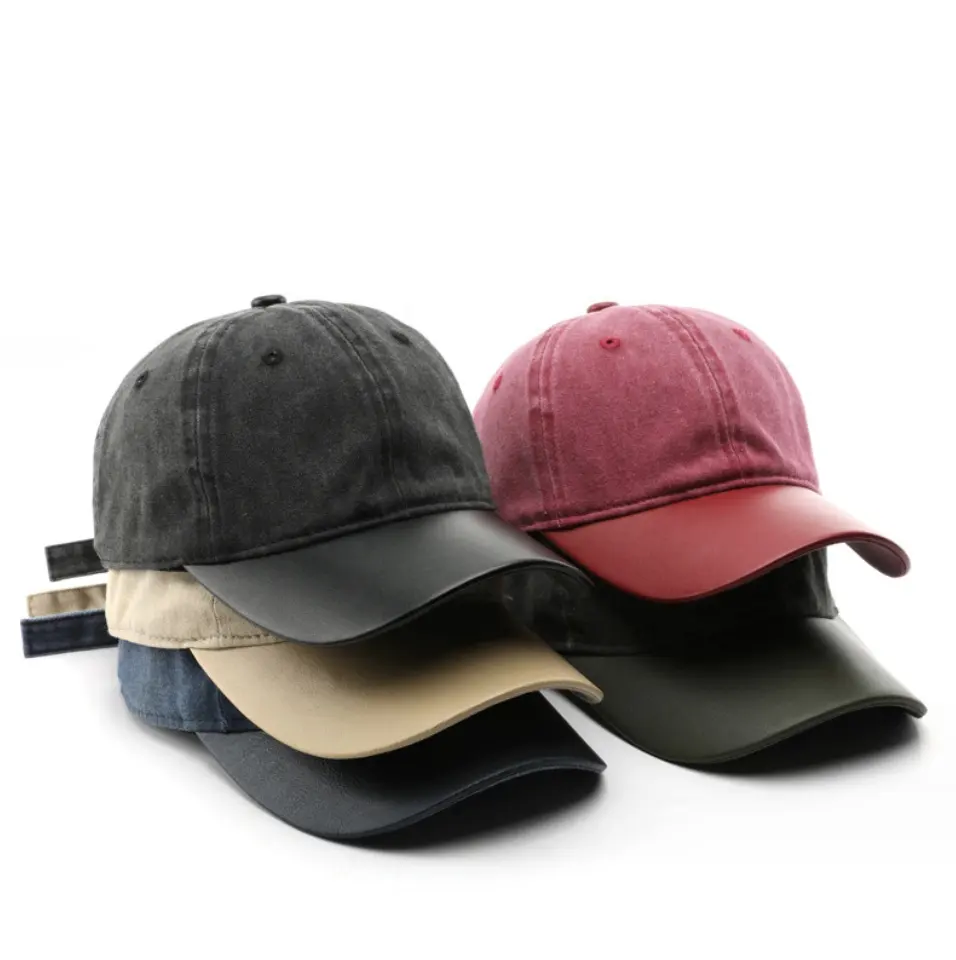 Gorras deportivas de algodón lavado con logotipo personalizado, sombreros con visera de cuero Pu, sombreros de papá Sin estructura, gorras de béisbol ajustables de 6 paneles para mujer