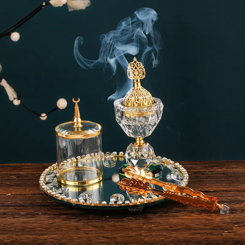 Quemador de incienso árabe Mubkhar, conjunto de soporte de quemador de incienso de cristal Arábigo, decoración del hogar para boda y religión, regalo de oficina