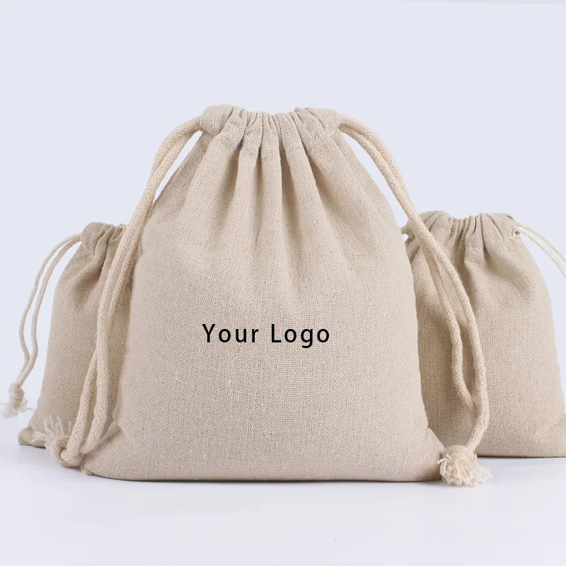 Logo personalizzato sacchetto per la polvere di iuta ecologico sacchetto di stoffa per imballaggio con coulisse in lino di cotone sacchetti con coulisse regalo per feste in mussola