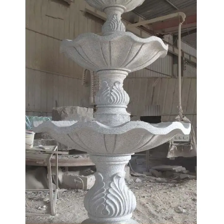 Fontana di pietra naturale personalizzata SHIHUI grande fontana di marmo d'acqua a 3 livelli da giardino in marmo grigio granito all'aperto