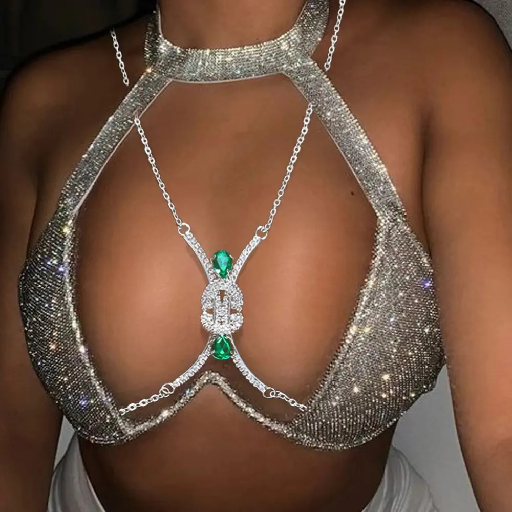 Gioielli squisiti di moda a forma di X smeraldo diamante intarsiato supporto per il petto moda di lusso bellezza catena petto Sexy lucida