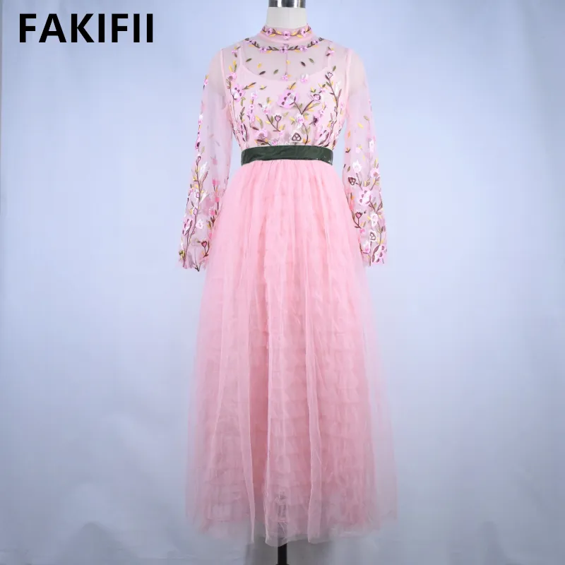 OEM Custom ized Spring Fashion Frauen Position Bestickte Lange Kleider Pink Mesh Maxi kleid Damen Abendkleider