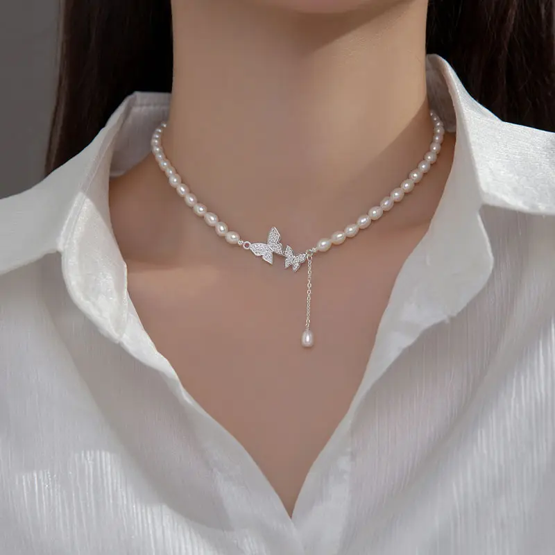 Natural Freshwater Pearl Short Choker Necklaces 925 Sterling Silver Butterfly Zircon Necklace Wedding Jewelry