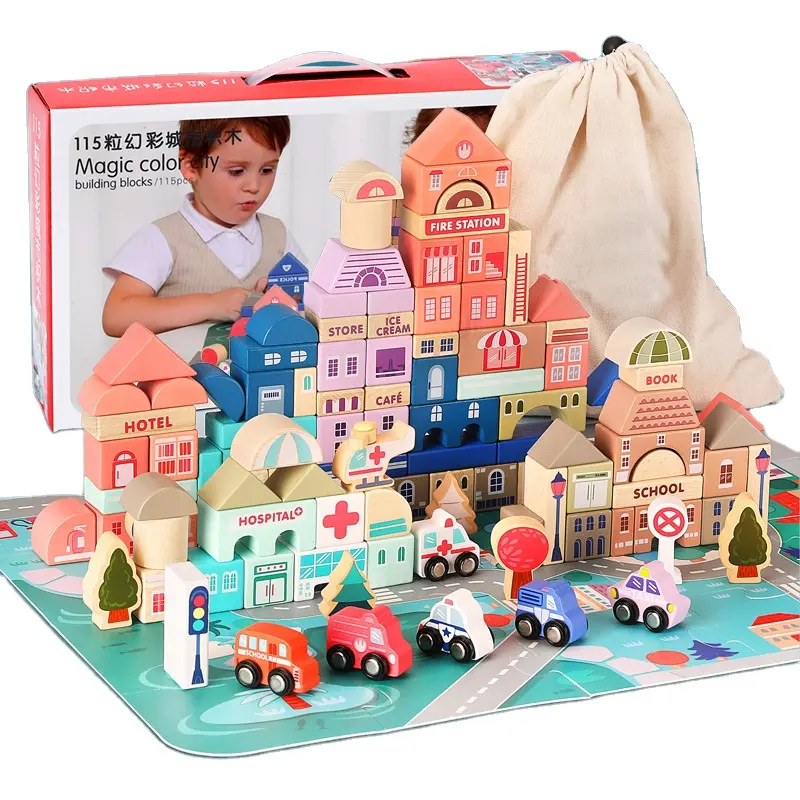 Educational Wooden City Kids Building Blocks Wooden Stacking Blocks Set Toys