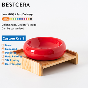 BESTCERA Atacado Pet Food Bowl Porcelana para Pet Alimentação LOGO personalizado Cerâmica Pet Bowl com suporte de bambu - Product Image 1