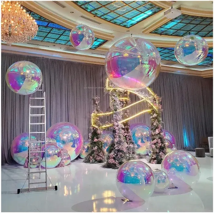 Giant Event Dekoration PVC Nachtclub Aufblasbarer Ballon Disco Party Hochzeit Gold Silber Floating Sphere Aufblasbarer Spiegel ball