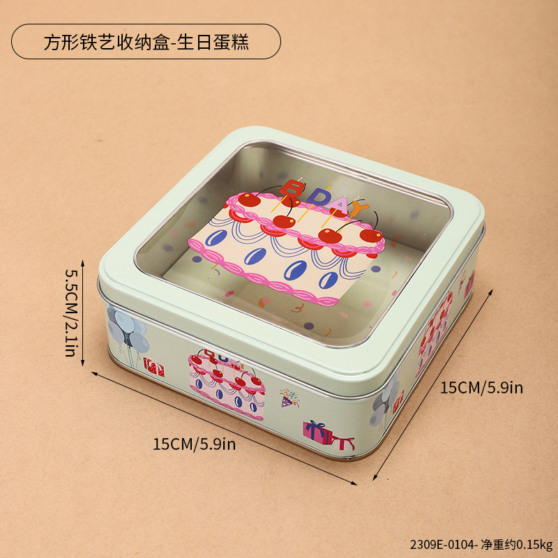 2309E-0104--Caja de almacenamiento de hierro cuadrada - Pastel de cumpleaños