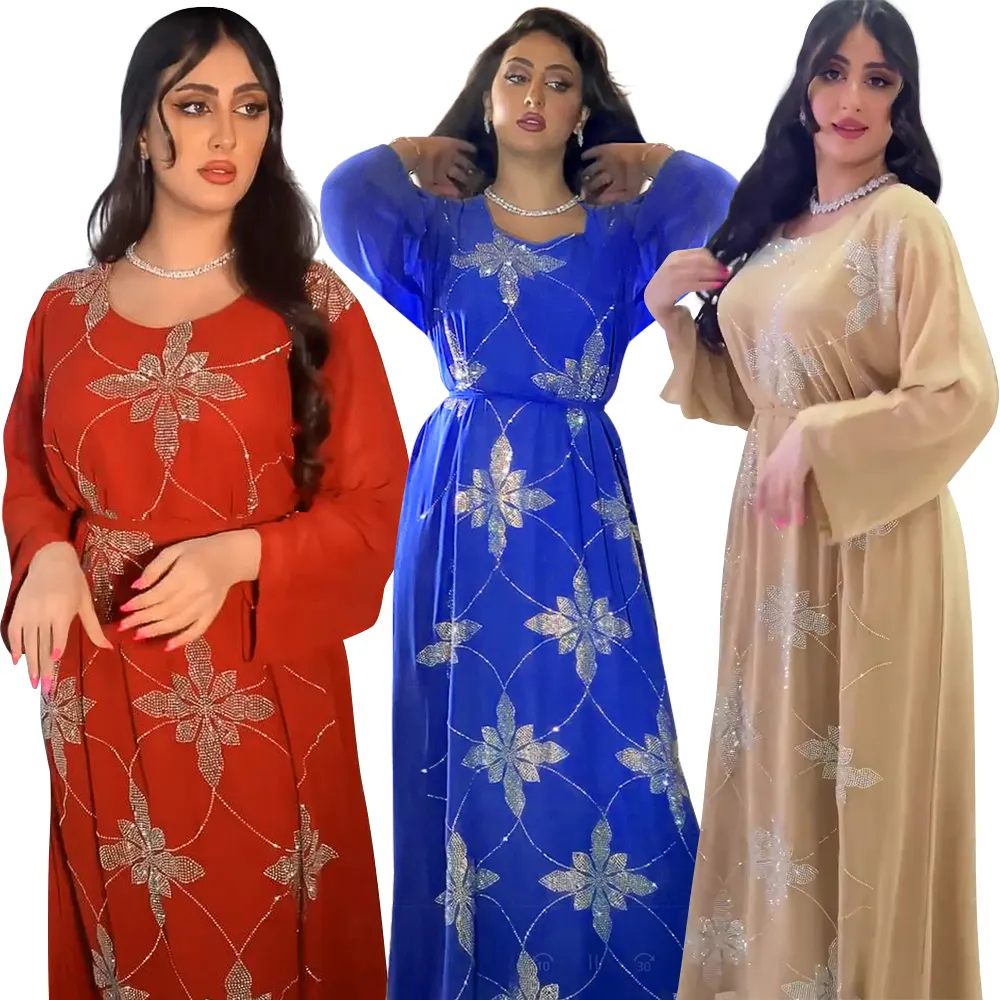 New Femme Flower Pattern strass Jalabiya Dubai caftano marocchino musulmano Chiffon Abaya Maxi abito abito da sera islamico