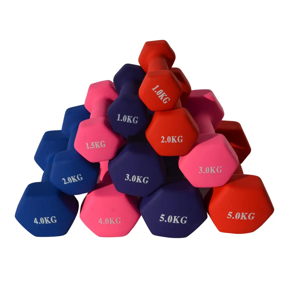 Ensemble d'haltères enduits de néoprène coloré différents kilogrammes avec support Ensemble d'haltères hexagonaux en néoprène Fitness