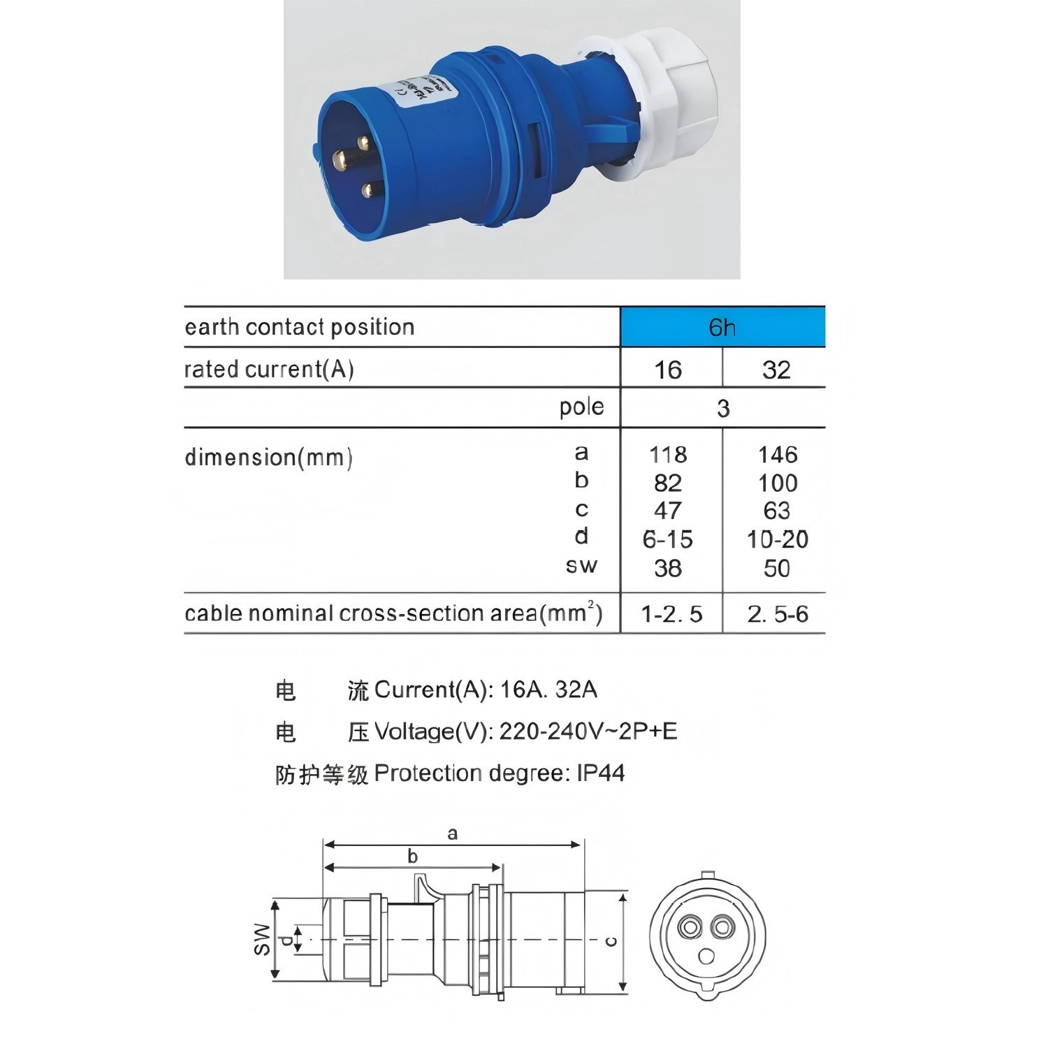 Second Three pole 16A/32A plug LK-013 LK-023