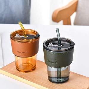 ถ้วยแก้วกาแฟเอสเปรสโซใช้ซ้ำได้ถ้วยชาพร้อมฝาปิดและหลอดถ้วยแก้วที่ทำจากหนังเพื่อป้องกันการลวก - Product Image 3