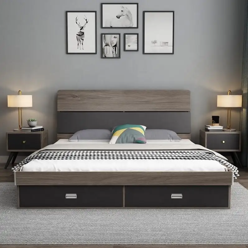 Dormitorio nórdico Muebles de madera Cama king size moderna con gran capacidad de almacenamiento