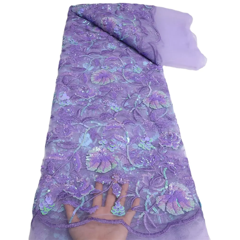 NI.AI Lindo Sequência Lace Tecido Lilac Cor Francês Malha Lace com Lantejoulas Nupcial Net Lace para Vestido LY1154