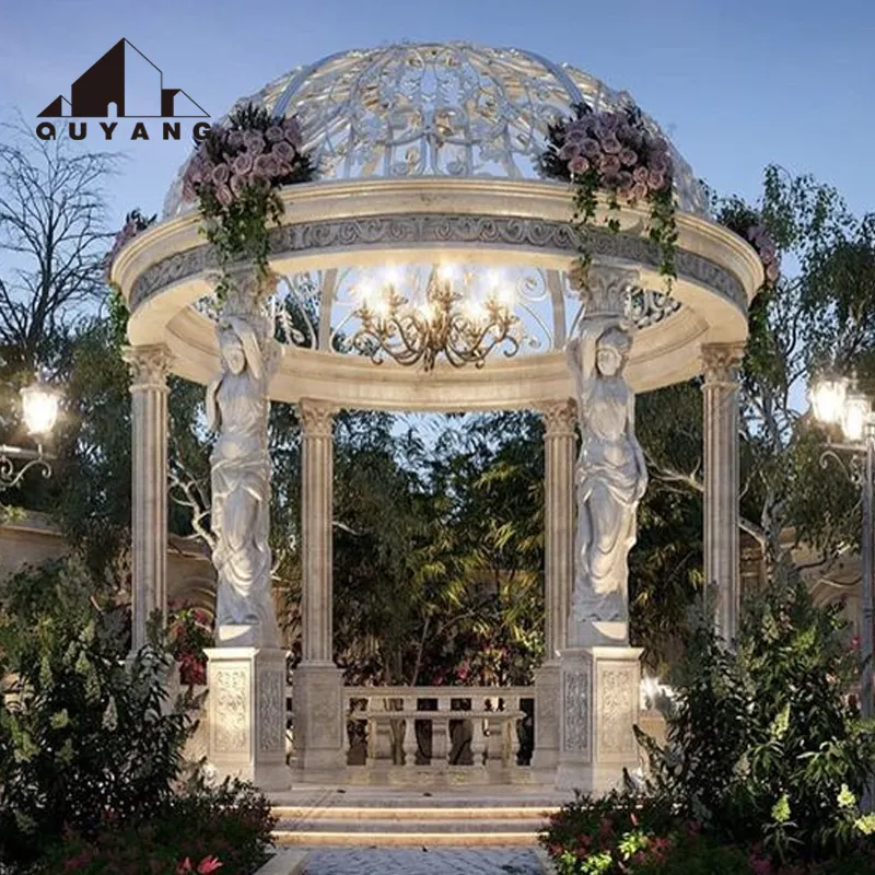 QUYANG grande Villa all'aperto decorazione pietra bianca intaglio donne pilastro Design marmo giardino Gazebo per il matrimonio