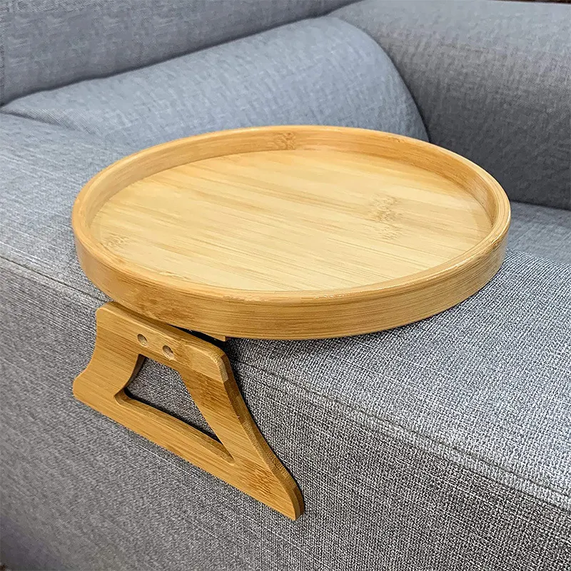 New Design Bamboo wooden clip on sofa tray table round sofa arm tray folding bamboo couch tray
