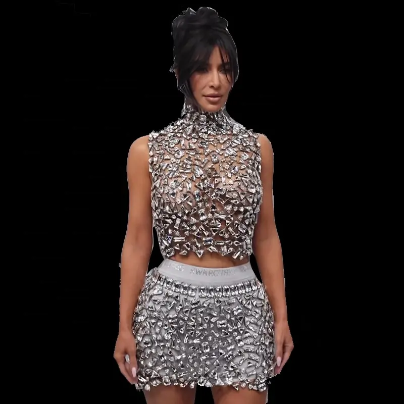 Luxo e diamante sem mangas sexy lantejoula top e saia de duas peças sem encosto estilo modelo pista vestido de dança