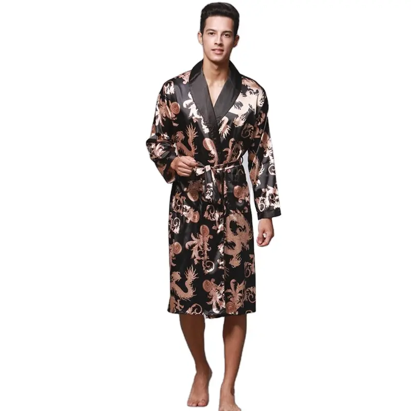 Albornoz de seda para hombre, Kimono de moda, bata de manga larga, pijama con estampado de Dragón de la suerte chino, albornoz para hombre, ropa de dormir al por mayor
