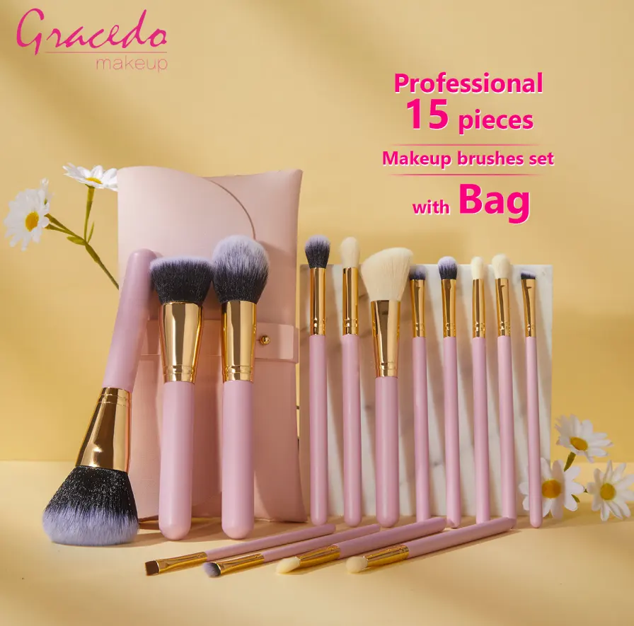 Gracedo Makeup Brush Set 15 Stück Premium Cosmetic Brush Foundation Rouge Concealer Lidschatten Augenbrauen Highlight Pink Make Up Brush