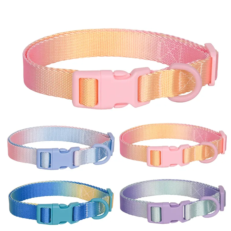 Durable Buckle Pet Dog Collar Dog Leash Rubberized Hardware D-Ring Gradient Polyester Dog Collar