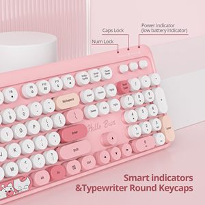 Combo de teclado y ratón inalámbricos, teclado inalámbrico Retro con teclas redondas, ratón de teclado inalámbrico bonito USB de tamaño completo de 2,4 GHz
