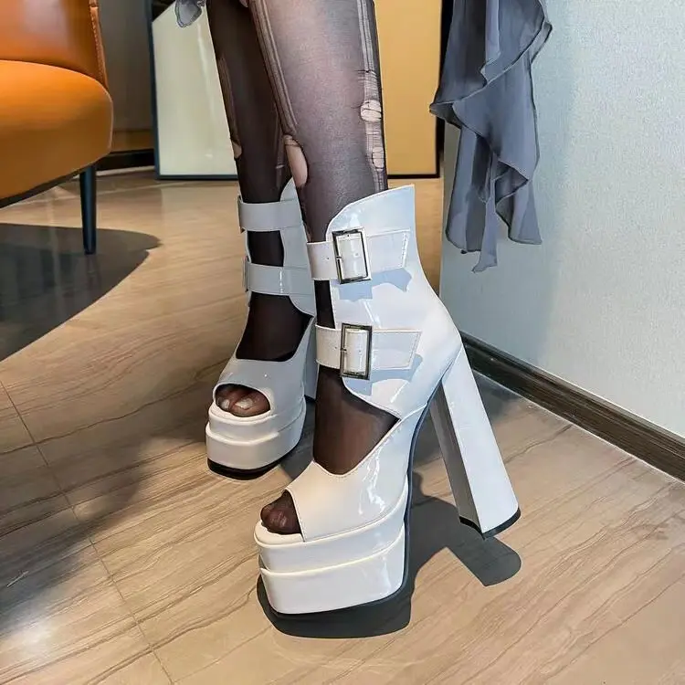 Customized Black Stone Pattern Block Heels Sandals High Heels Shoes For Women Platform Heels For Ladies