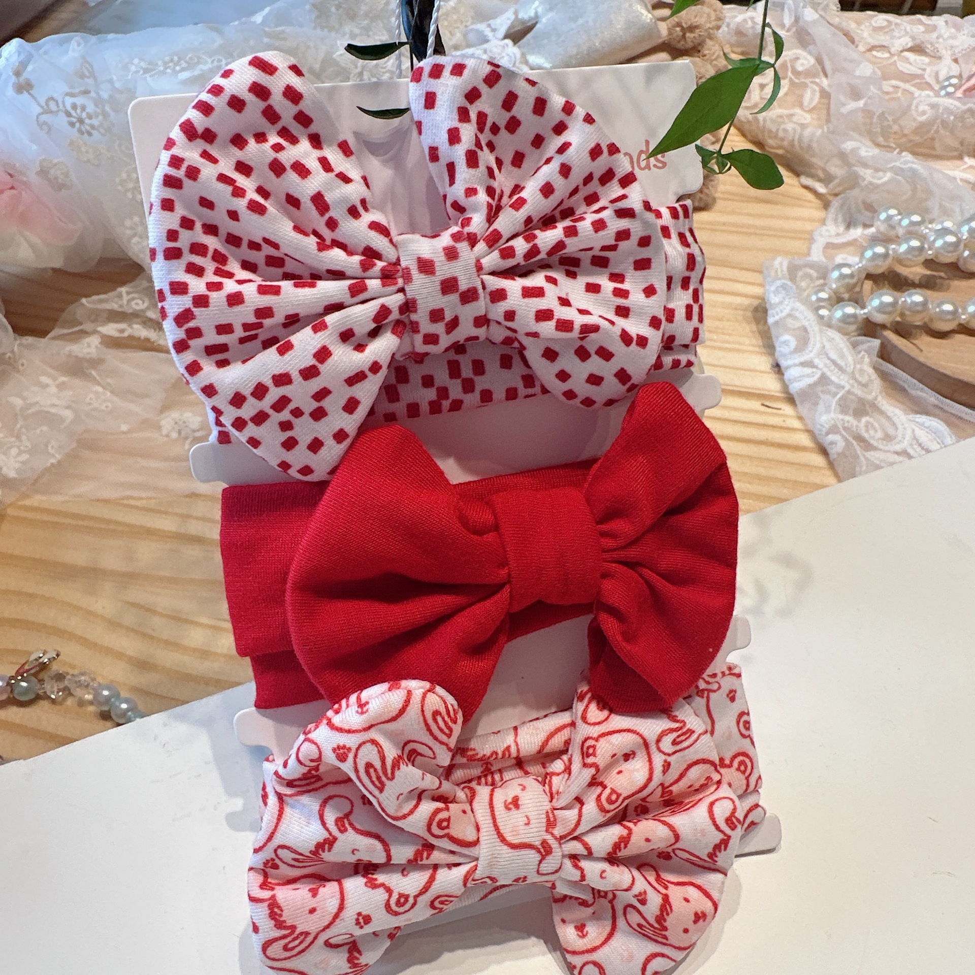 Conjunto de 3 piezas de algodón rojo con diseño de oso y lunares 8666.