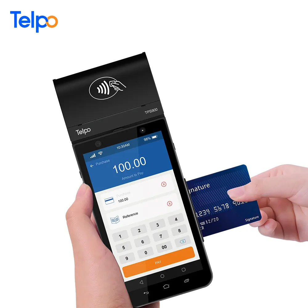Telpo एंड्रॉयड 10 पीओएस हाथ में मोबाइल के साथ क्रेडिट कार्ड मशीन प्रिंटर